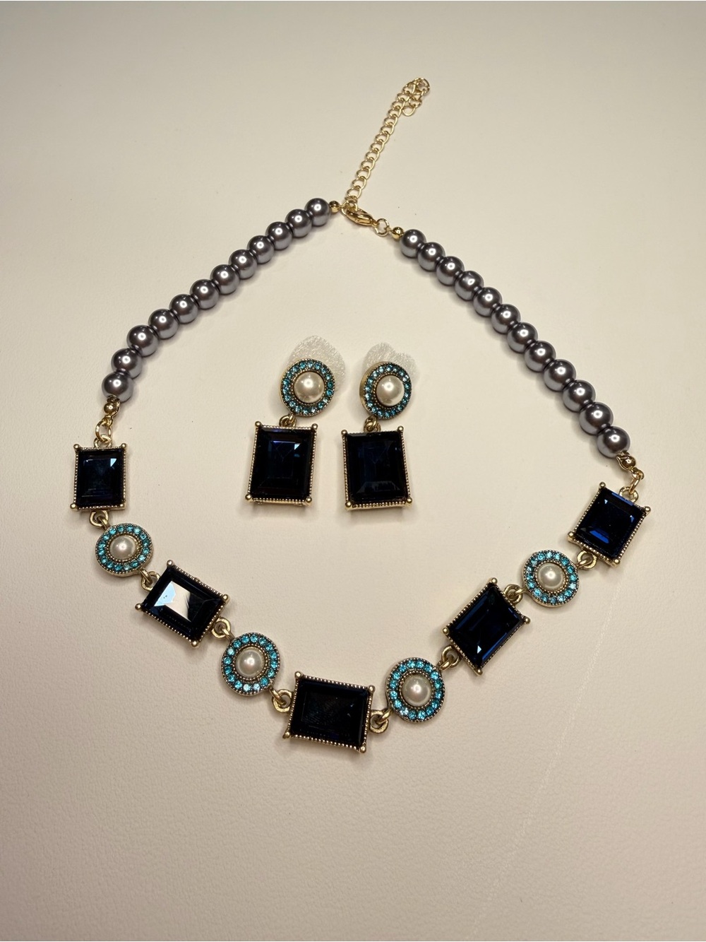 Blue Crystal Pearl Necklace & Earring Set - Picture 11 of 14